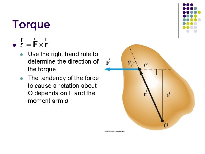 Torque l l l Use the right hand rule to determine the direction of