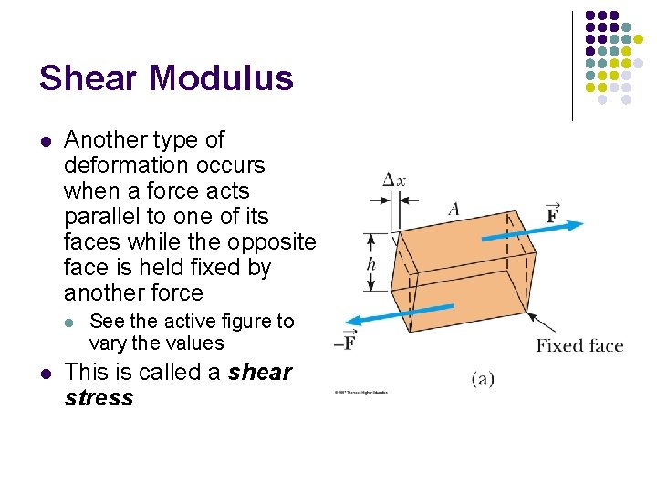 Shear Modulus l Another type of deformation occurs when a force acts parallel to