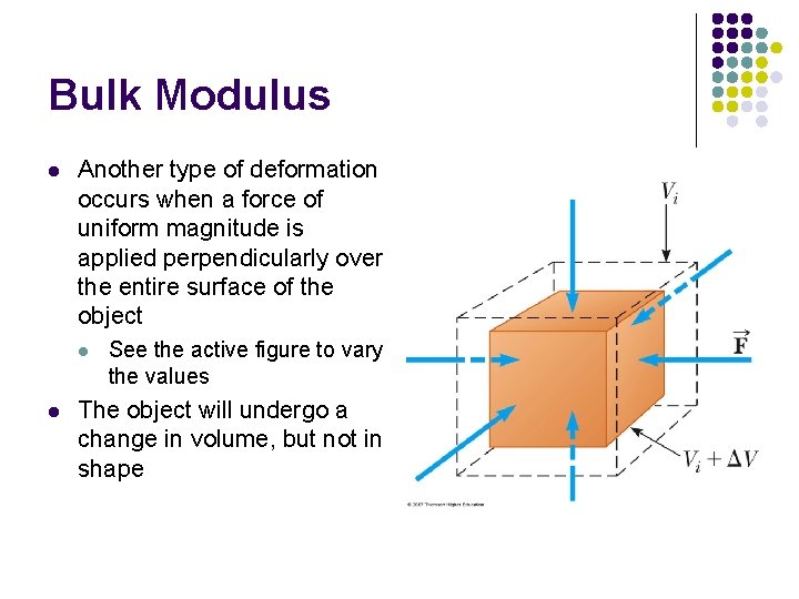 Bulk Modulus l Another type of deformation occurs when a force of uniform magnitude