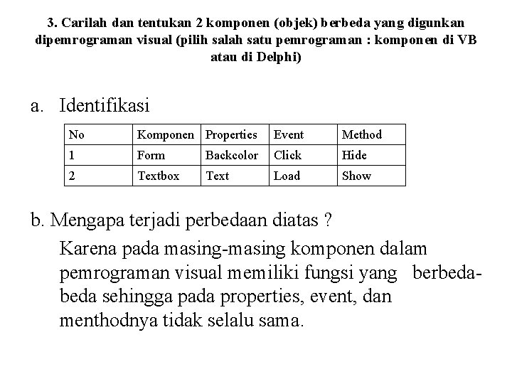 3. Carilah dan tentukan 2 komponen (objek) berbeda yang digunkan dipemrograman visual (pilih salah