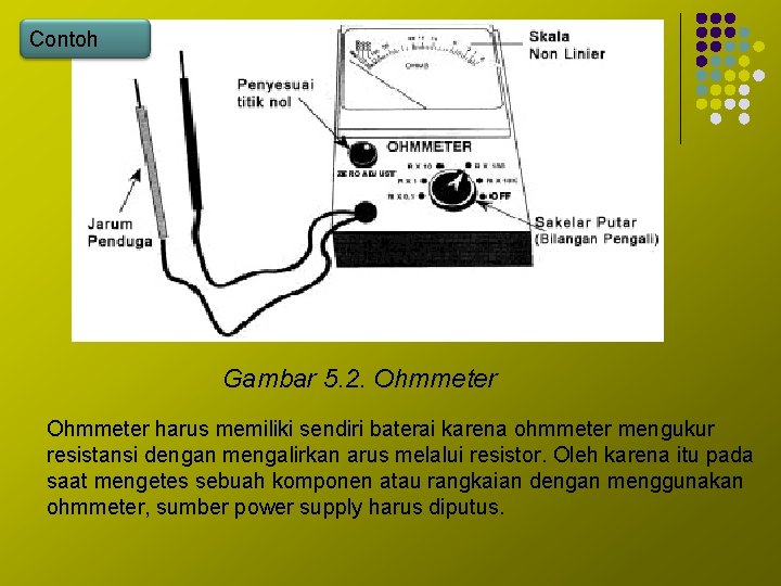 Contoh Gambar 5. 2. Ohmmeter harus memiliki sendiri baterai karena ohmmeter mengukur resistansi dengan