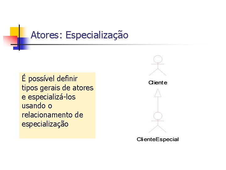 Atores: Especialização É possível definir tipos gerais de atores e especializá-los usando o relacionamento