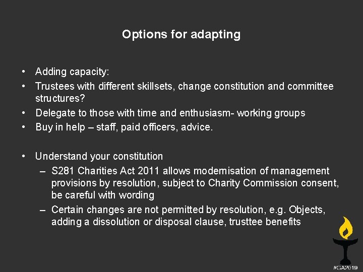 Options for adapting • Adding capacity: • Trustees with different skillsets, change constitution and