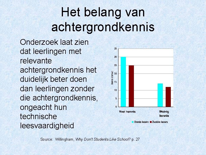 Het belang van achtergrondkennis Onderzoek laat zien dat leerlingen met relevante achtergrondkennis het duidelijk