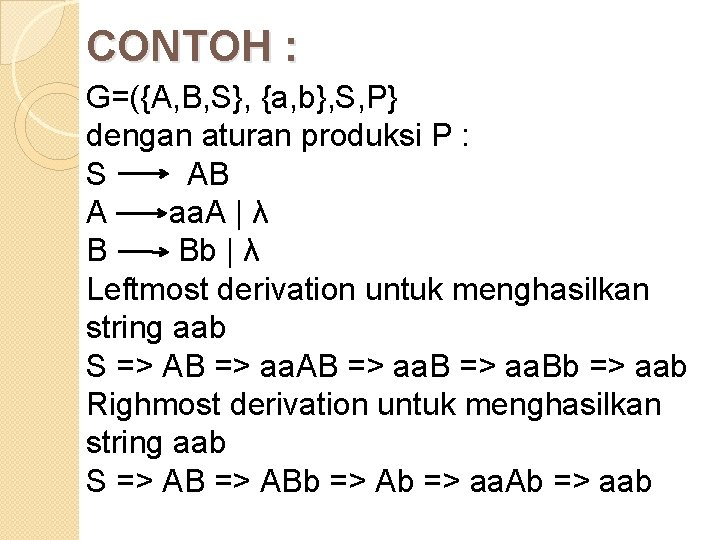 CONTOH : G=({A, B, S}, {a, b}, S, P} dengan aturan produksi P :