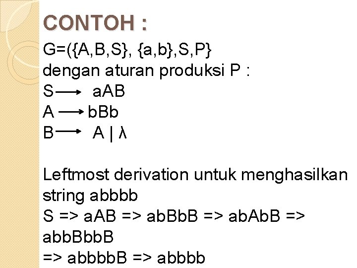 CONTOH : G=({A, B, S}, {a, b}, S, P} dengan aturan produksi P :