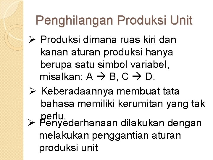 Penghilangan Produksi Unit Ø Produksi dimana ruas kiri dan kanan aturan produksi hanya berupa