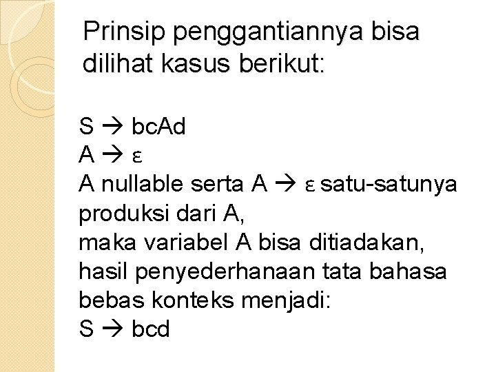 Prinsip penggantiannya bisa dilihat kasus berikut: S bc. Ad A ε A nullable serta