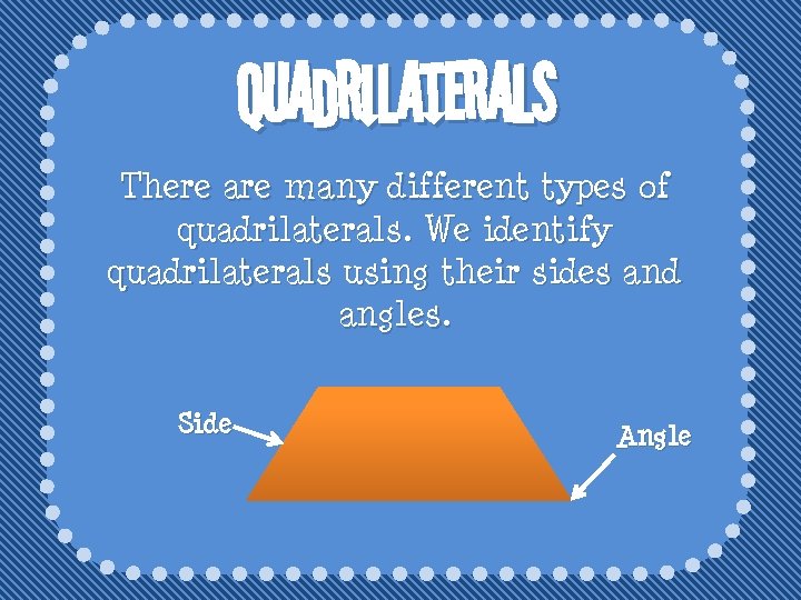 Quadrilaterals There are many different types of quadrilaterals. We identify quadrilaterals using their sides