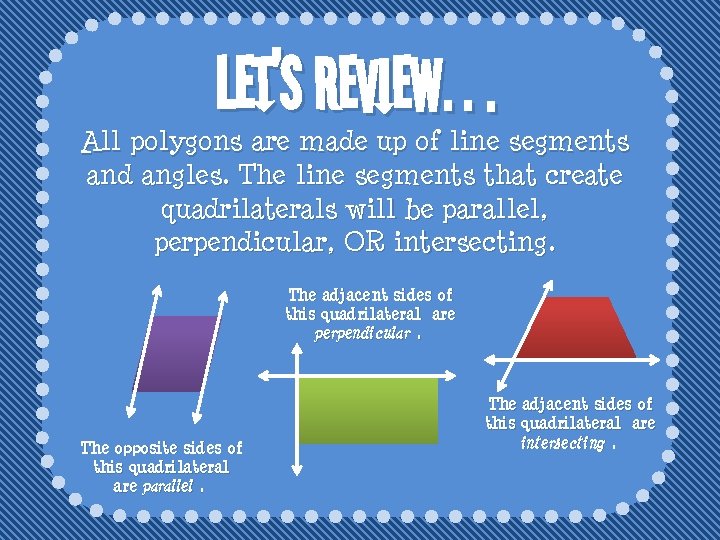 Let’s Review… All polygons are made up of line segments and angles. The line