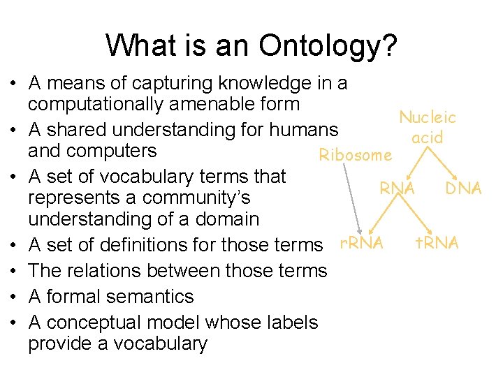 What is an Ontology? • A means of capturing knowledge in a computationally amenable