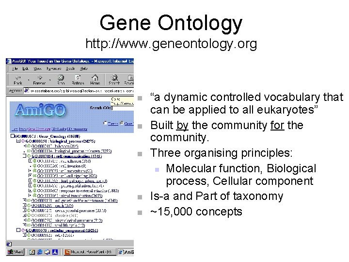 Gene Ontology http: //www. geneontology. org n n n “a dynamic controlled vocabulary that