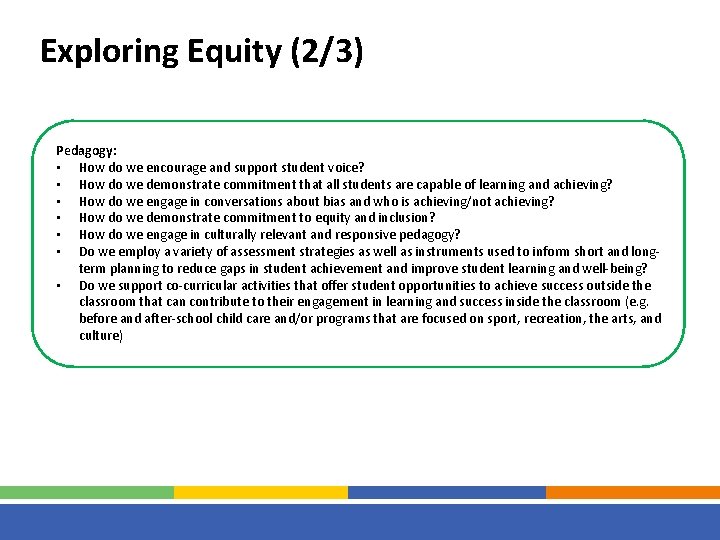 Exploring Equity (2/3) Pedagogy: • How do we encourage and support student voice? •