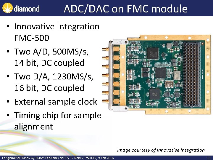 ADC/DAC on FMC module • Innovative Integration FMC-500 • Two A/D, 500 MS/s, 14