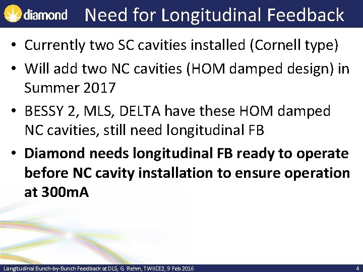 Need for Longitudinal Feedback • Currently two SC cavities installed (Cornell type) • Will