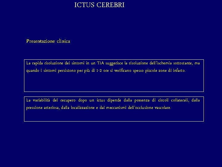 ICTUS CEREBRI Presentazione clinica La rapida risoluzione dei sintomi in un TIA suggerisce la