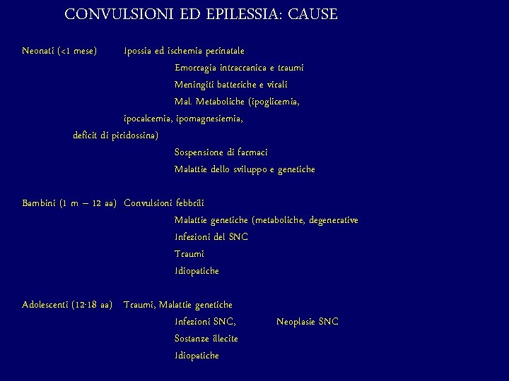 CONVULSIONI ED EPILESSIA: CAUSE Neonati (<1 mese) Ipossia ed ischemia perinatale Emorragia intracranica e