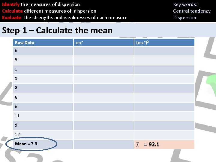 Identify the measures of dispersion Calculate different measures of dispersion Evaluate the strengths and