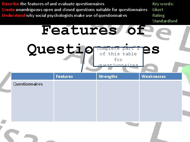 Describe the features of and evaluate questionnaires Create unambiguous open and closed questions suitable