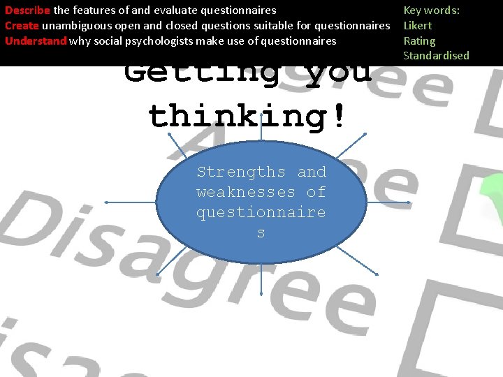 Describe the features of and evaluate questionnaires Create unambiguous open and closed questions suitable