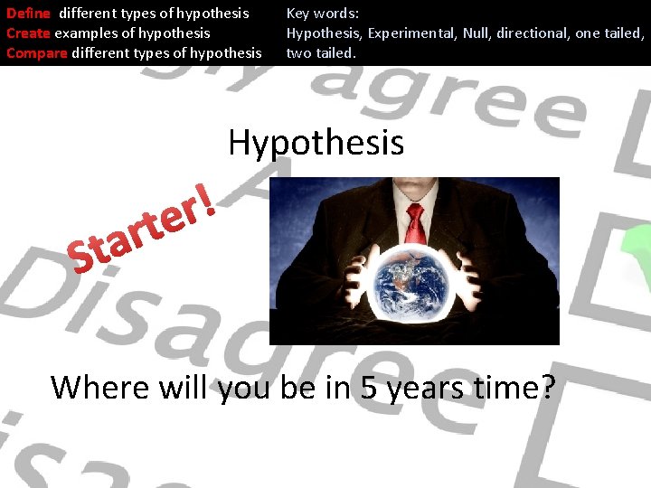 Define different types of hypothesis Create examples of hypothesis Compare different types of hypothesis