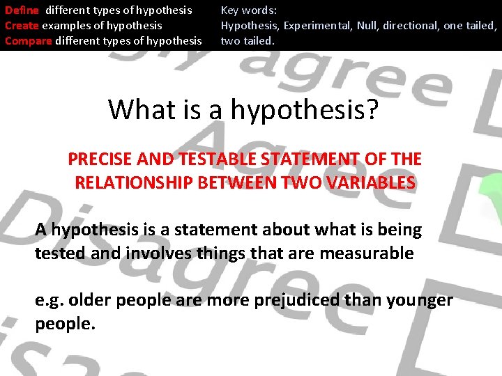 Define different types of hypothesis Create examples of hypothesis Compare different types of hypothesis