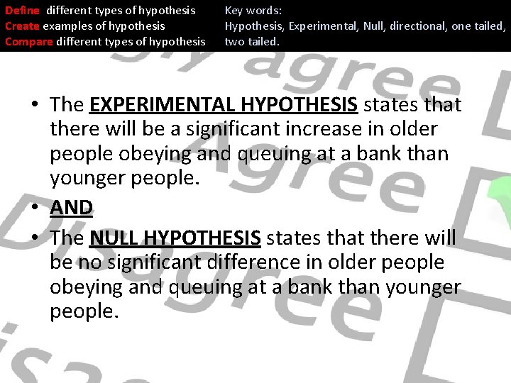 Define different types of hypothesis Create examples of hypothesis Compare different types of hypothesis