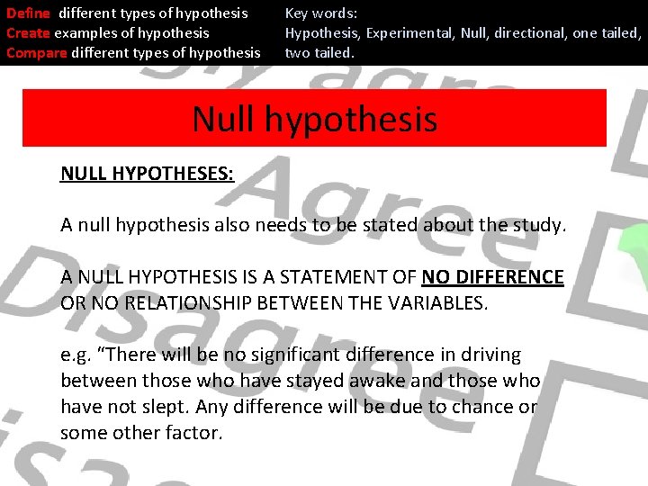 Define different types of hypothesis Create examples of hypothesis Compare different types of hypothesis