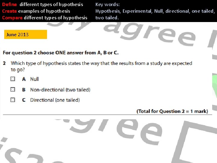 Define different types of hypothesis Create examples of hypothesis Compare different types of hypothesis