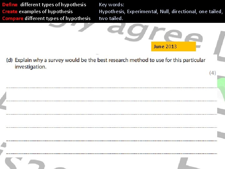 Define different types of hypothesis Create examples of hypothesis Compare different types of hypothesis