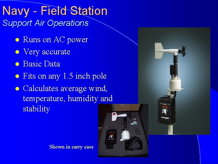 Navy - Field Station Support Air Operations l l l Runs on AC power