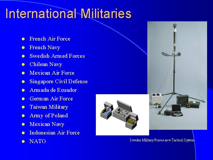 International Militaries l l l l French Air Force French Navy Swedish Armed Forces