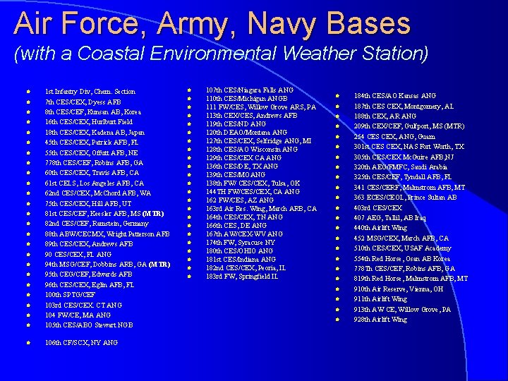 Air Force, Army, Navy Bases (with a Coastal Environmental Weather Station) l 1 st