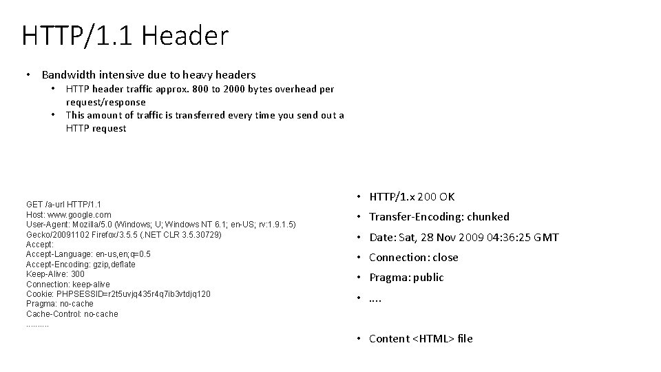 HTTP/1. 1 Header • Bandwidth intensive due to heavy headers • • HTTP header