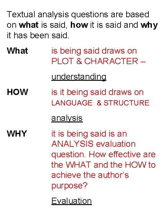 Textual analysis questions are based on what is said, how it is said and