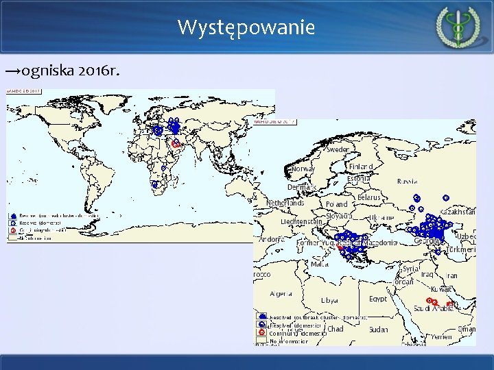 Występowanie →ogniska 2016 r. 