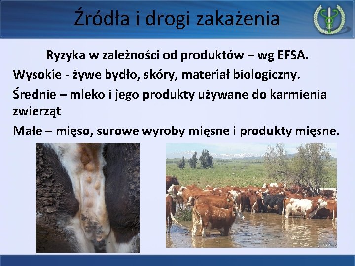 Źródła i drogi zakażenia Ryzyka w zależności od produktów – wg EFSA. Wysokie -