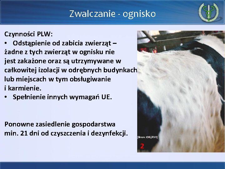 Zwalczanie - ognisko Czynności PLW: • Odstąpienie od zabicia zwierząt – żadne z tych