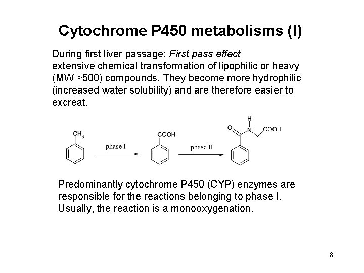 Cytochrome P 450 metabolisms (I) During first liver passage: First pass effect extensive chemical