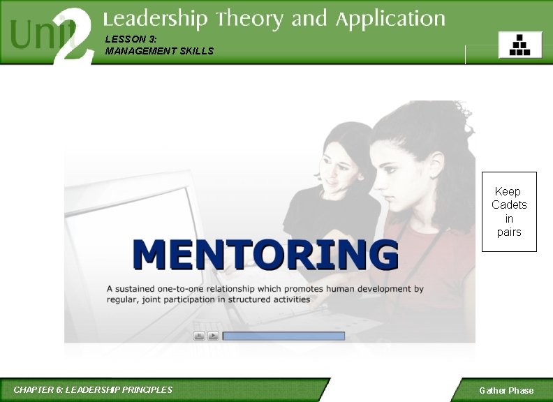 LESSON 3: MANAGEMENT SKILLS Keep Cadets in pairs CHAPTER 6: LEADERSHIP PRINCIPLES Gather Phase