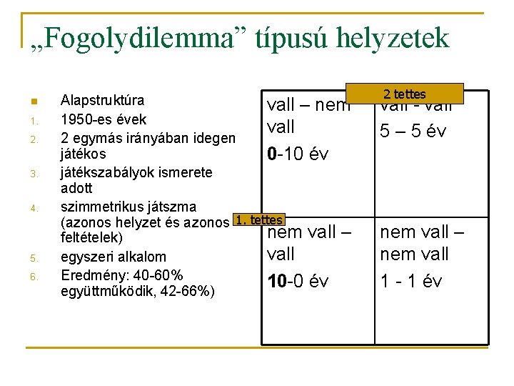 „Fogolydilemma” típusú helyzetek n 1. 2. 3. 4. 5. 6. Alapstruktúra vall – nem