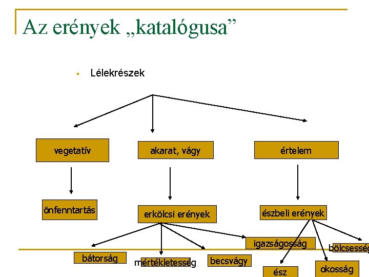 Az erények „katalógusa” § Lélekrészek vegetatív önfenntartás akarat, vágy értelem észbeli erények erkölcsi erények