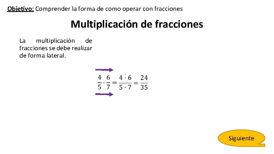 Objetivo: Comprender la forma de como operar con fracciones Multiplicación de fracciones La multiplicación Objetivo: Comprender la forma de como operar con fracciones Multiplicación de fracciones La multiplicación