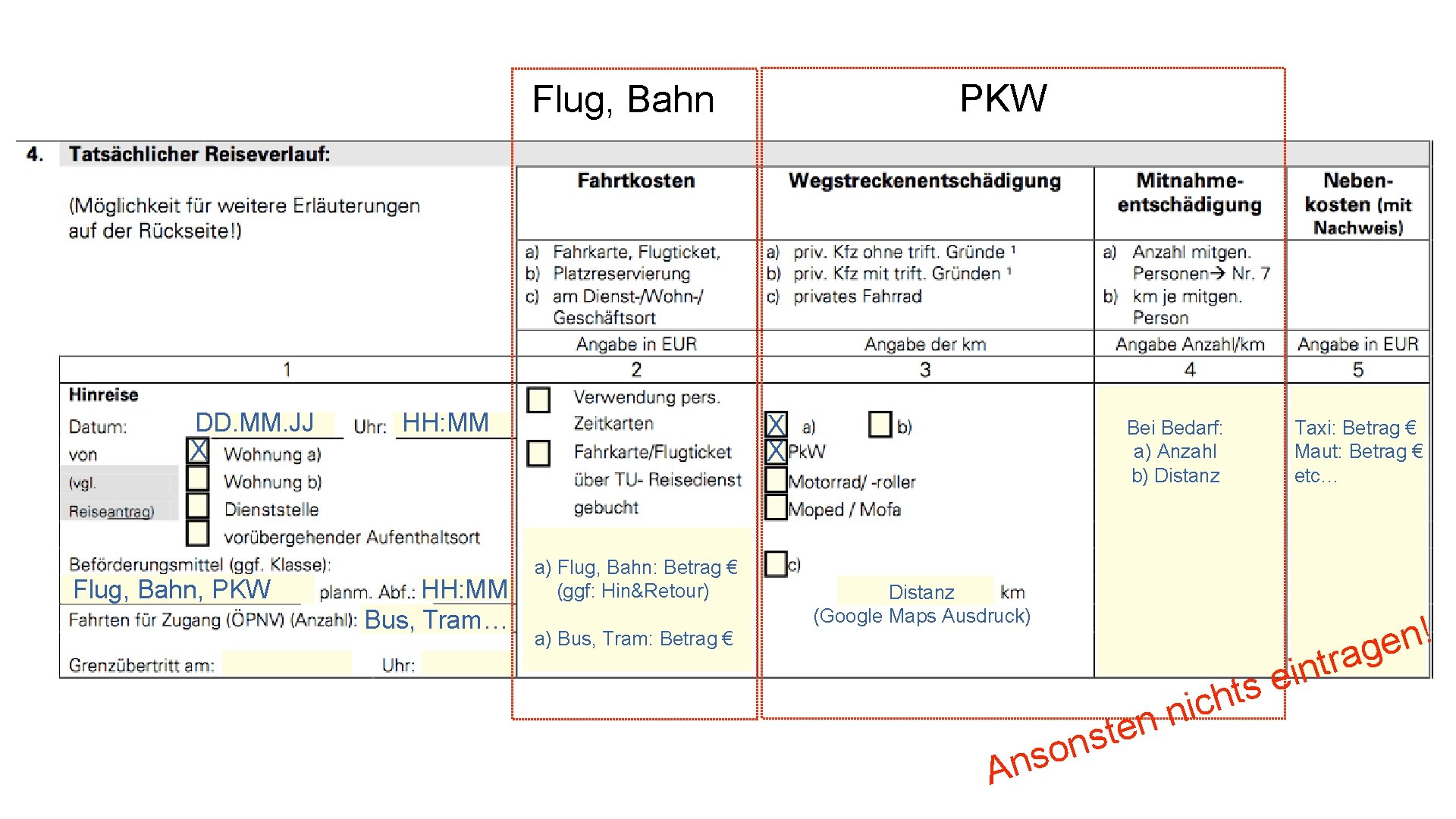 PKW Flug, Bahn DD. MM. JJ X Flug, Bahn, PKW HH: MM Bus, Tram…