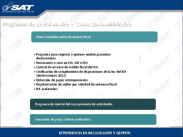 Programas de control masivo - Cobranza Administrativa Mora Contribuyentes de interés fiscal • Programa