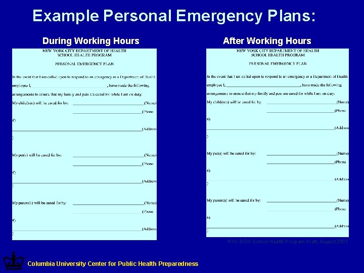 Example Personal Emergency Plans: During Working Hours After Working Hours NYC-DOH School Health Program