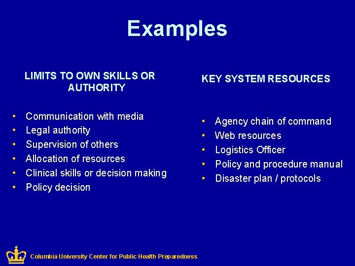 Examples • • • LIMITS TO OWN SKILLS OR AUTHORITY KEY SYSTEM RESOURCES Communication