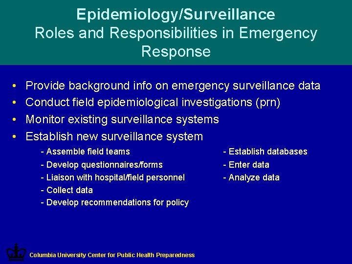 Epidemiology/Surveillance Roles and Responsibilities in Emergency Response • • Provide background info on emergency