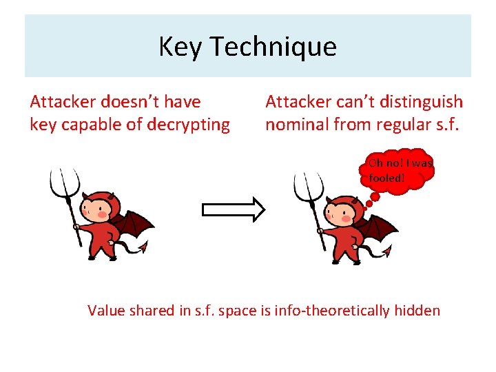 Key Technique Attacker doesn’t have key capable of decrypting Attacker can’t distinguish nominal from