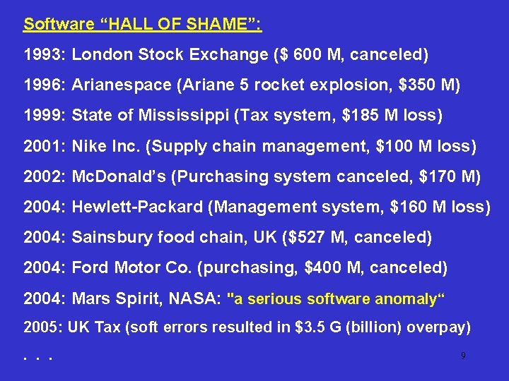 Software “HALL OF SHAME”: 1993: London Stock Exchange ($ 600 M, canceled) 1996: Arianespace